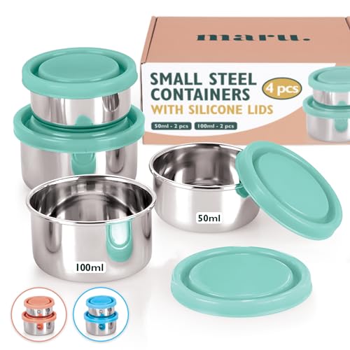 Maru Small Stainless Steel Sauce and Dip Containers Set of 4 (2x2oz and 2x3.38oz), BPA Free Leakproof Silicone Lids, Reusable & Ideal Storage for Chutney, Dressing Dips & Snacks, Sea Green