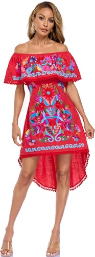 Image of YZXDORWJ Women's Mexican Asymmetrical Dress Embroidered Floral Off-Shoulder Cocktail Latina Fiesta Dress