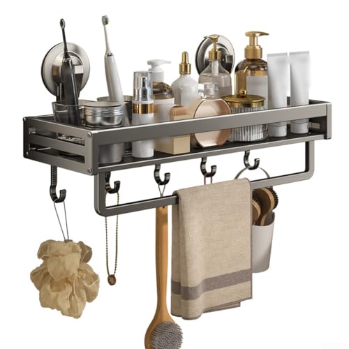 Yuanpgky Étagère de salle de bain à ventouse pour articles de toilette, étagère de rangement en aluminium de 30 cm avec tige à crochet, étagère de douche grise pour surfaces lisses, résistante à la