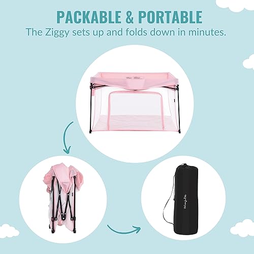 Image of Dream On Me Ziggy Playpen Only, Soft Base, Portable, 43.3in, Pink | Soft padded base, non-cross frame, foldable iron frame, 210D nylon, Ages 6-36mo, 30lbs, ASTM certified, Quick setup.