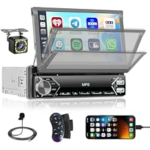 [Stable AM Radio] Hikity 7 Single Din Car Stereo Carplay Android Auto, 7in Flip Out Touch Screen Car Radio Bluetooth Car Audio Receiver, SWC/Mirror Link, FM/EQ, Dual USB/Type-C, Free Backup Cam+Mic