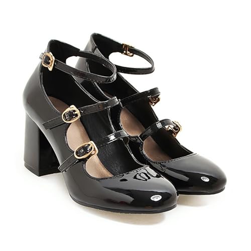 Women's Mary Janes Chunky High Heels Pumps,Vintage Patent Leather Adjustable Triple Strap Buckle Comfort Round Toe Closed Toe Sweet Office Wedding Party Dress Shoes2