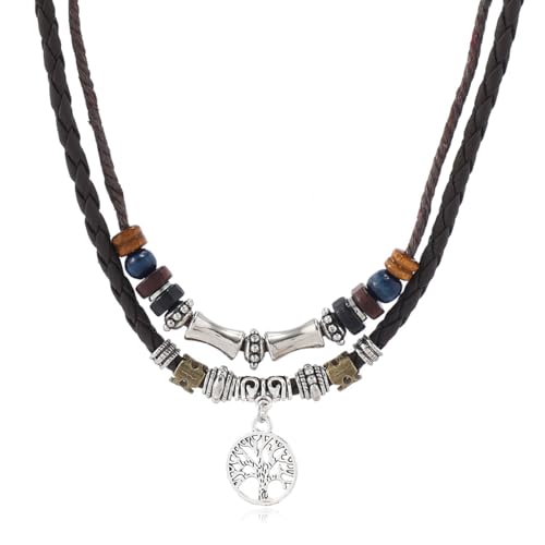 PINK TOWN Bohemian Layered Leather Necklace for Women Men Vintage Butterfly Tree of Life Tooth Pendant Necklace Adjustable Boho Wooden Beads Braided Necklace Ethnic Style Jewelry