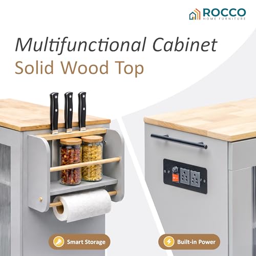 Image of Rocco Walky Kitchen Island Storage Cabinet with Wheels, Solid Rubber Wood Top, Fluted Acrylic Doors, Built-in Power Sockets & LED Lights, Soft-Close Hinges & Side Organizer (Grey, Medium Size)