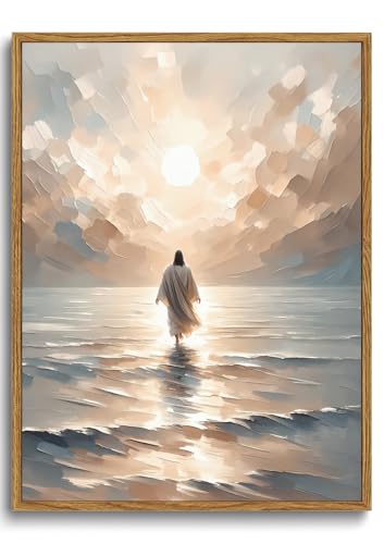 KISSFOX Jesus Canvas Wall Art Jesus Walking On Water Framed Wall Art Christian Religious Modern Serenity Prayer Canvas Art Prints Artwork For Prayer Room Living Room Bedroom Kitchen, 12x16 inch