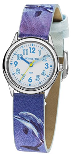 Jacques Farel Reloj Infantil Delfín analógico de Cuarzo Metal Carcasa de Color Plateado Chica Color Azul Claro/Azul Leather Irisette HCC 321