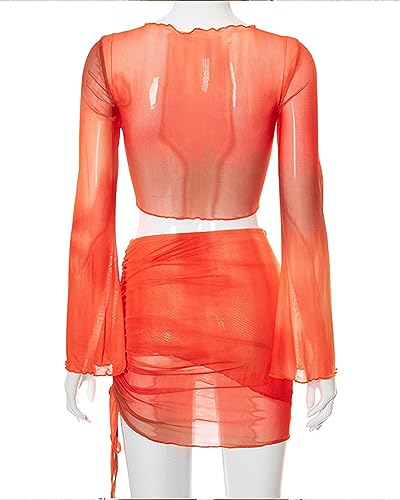 Image of Women's Sexy Long Sleeve Two 2 Pieces Outfits Sheer Mesh Mini Dress Skirt Set Top V Neck Backless Ruched Bodycon Cover Up