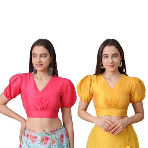 Image of Frolic Rolic Premium Silk V-Neck Blouse Readymade Saree Blouse - Designer Puff Sleeve Blouse for Wedding