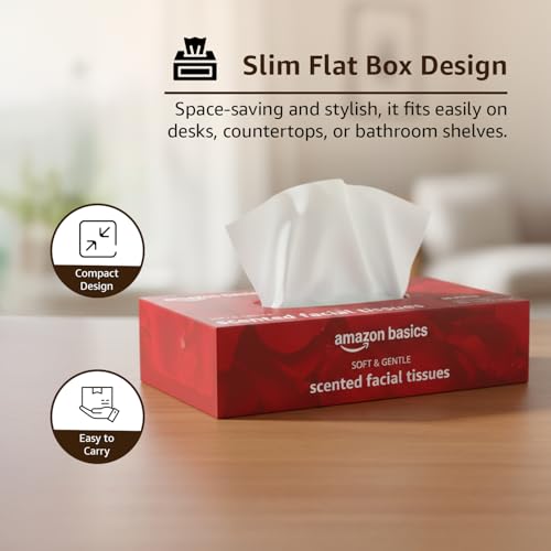 Image of Amazon brand- Amazon Basics 3-Ply Scented Facial Tissue paper 360 pulls | 90 pulls x Pack of 4| Soft, Absorbent, Gentle| Chemical-Free| Rose Aroma