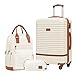 COOLIFE Koffer Trolley Koffer Reisekoffer von ABS Hartschalen Trolley 4 Rollen TSA-Schloss Der Koffer Enthält 1 Reiserucksack und 1 Kulturbeutel (Weiß/Braun, Mittlerer Koffer-Set 3tlg)
