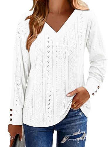 KISSMODA Long Sleeve Fall Shirts For Women V Neck Tunic Tops Embroidered Button Down Knitted Blouses 2025