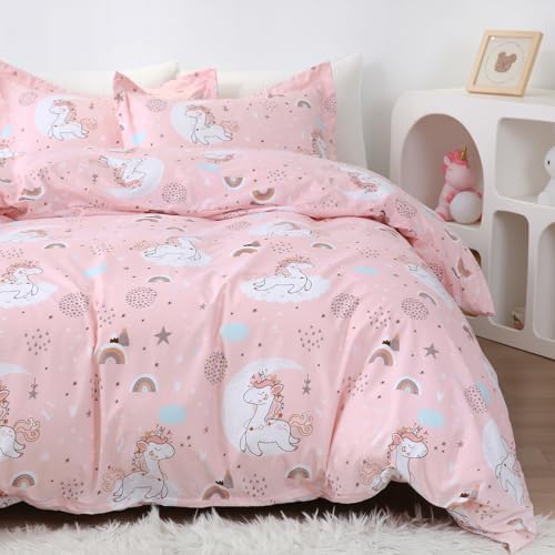JSD Pink Unicorn Kids Duvet Cover Set Queen Size, 3 Piece Girls Microfiber Duvet Cover with Pillow Sham Zipper Closure by JSD - Image 5