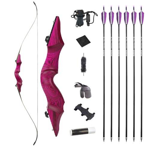 AMEYXGS 60 Inch Black Hunter Original Takedown Recurve Bow and Arrow Set 20-60lbs Traditional Wood Longbow RH&LH American Hunting Longbow for Outdoor Hunting Shooting (Purple Set/Left Handed, 50 Lbs)