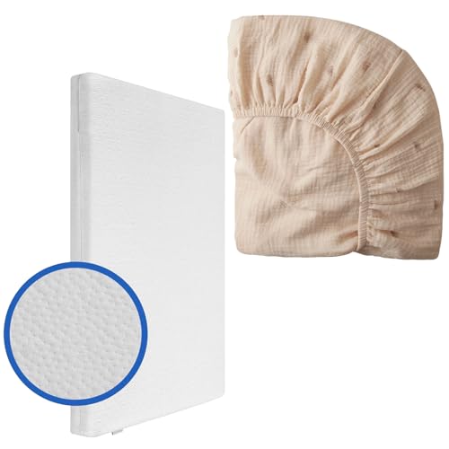 Image of Mini Crib Mattress,2-Stage Dual-Sided 38x24 Mini Mattress for Crib with Removable Soft Jacquard Cover, and Muslin Mini Crib Sheet for Replacement,White Mini Mattress+1 Rainbow Prints Mini Crib Sheet