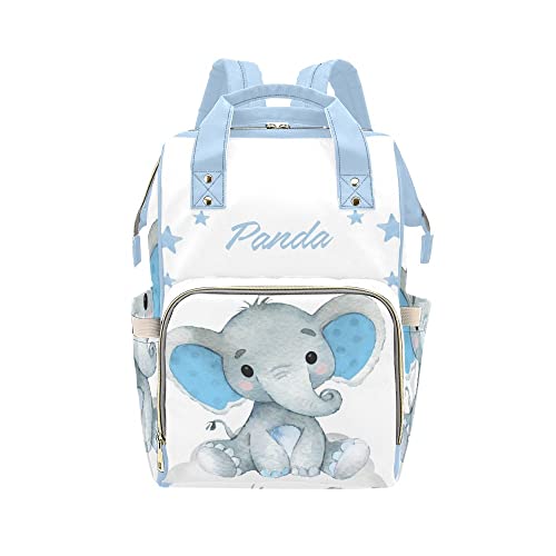 XOZOTY Cute Blue Elephant Diaper Bags Backpack with Name Personalized Baby Bag Nursing Nappy Bag Travel Tote Bag Gifts