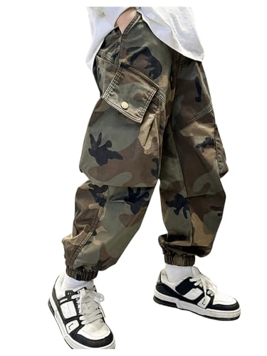 GORGLITTER Boy's Cargo Pants Joggers Baggy Camo Elastic Waist Wide Led Casual Hunting Pants with Pockets