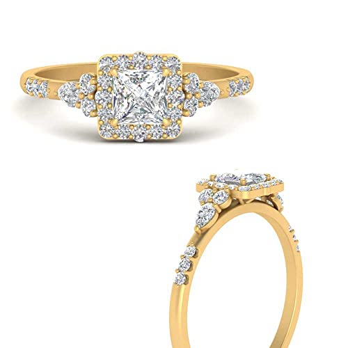 Image of Choose Your Color 14k Yellow Gold Plated Princess Shape Petite Engagement Rings Halo Edwardian Engagement Ring Everyday Wedding Jewelry Handmade Gifts for Wife : US Size 4 to 12