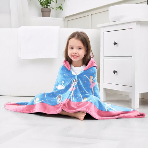 Image of Dance Girls Beach Towel with Hoodie for Kids Toddlers Age 4-8, Pink Blue Bath Towels Shower Wrap for Girls, Hooded Poncho Beach Blanket for Pool Swimming Cute Wearable Bath Towel for Child