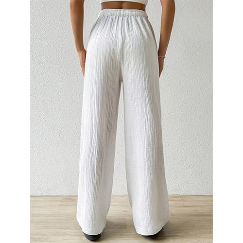 Women High Waisted Linen Cotton Crinkle Straight Wide Leg Loose Casual Long Pants​ White S3