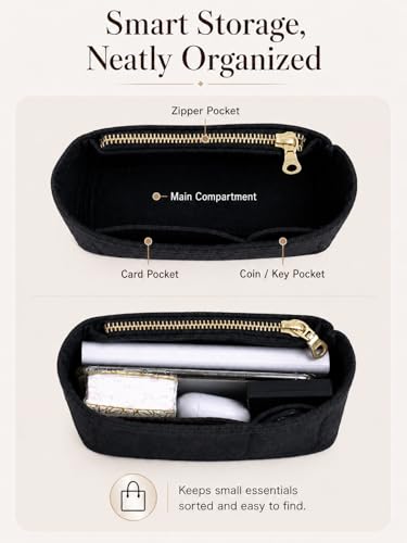 Image of Purse Organizer Insert & Leather Strap Conversion Kit Set, Compatible with Longchamp Le Pliage Mini Bag - Felt Inner Liner & Adjustable Shoulder Strap, Black