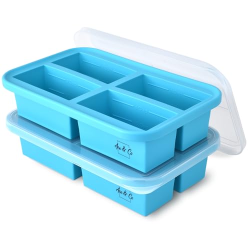 Ace and Co. 2 Pack Silicone Freezer Trays with Lids, BPA Free Soup Freezer Containers, 1 Cup Silicone Freezer Molds for Soup, Broth, Sauce and Ice