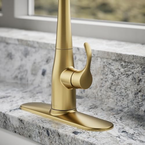 Image of Kohler 597-2MB Simplice Pull Down Kitchen Faucet, 3-Spray Faucet, Kitchen Sink Faucet with Pull Down Sprayer, Vibrant Brushed Moderne Brass