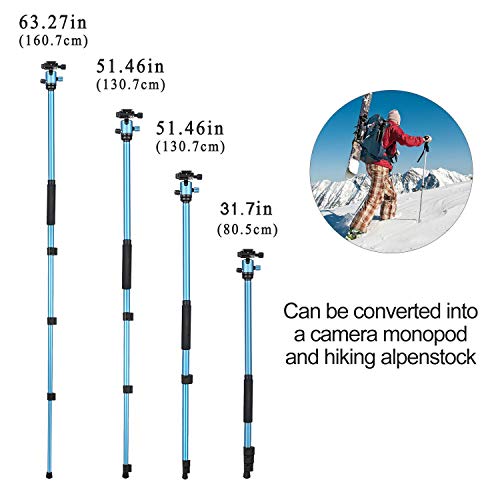 MACTREM Professional Camera Tripod with Phone Mount, 62" DSLR Tripod for Travel, Super Lightweight and Reliable Stability, Ball Head Tripod Detachable Monopod with Carry Bag (Blue)