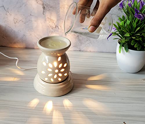 Image of Indian Fragrance Ceramic Electric Aroma Diffuser Lamp| Oil Burner Night Lamp for Home, Bedroom & Office | Decorative Fragrance Diffuser with Warm Light (Off White, Rose)