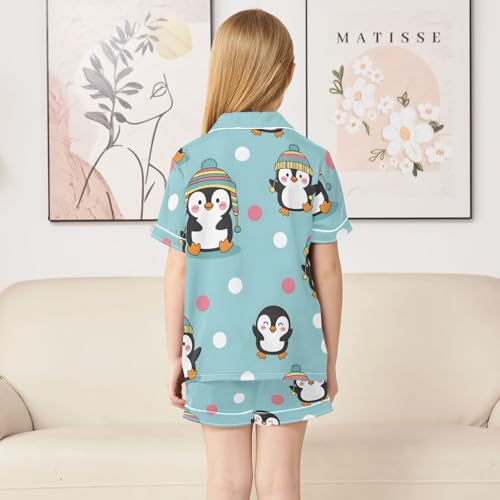 Satin Pajama Sets Short Sleeve Cute Penguins with Colorful Hats Button Down Silky Nightwear 2 Piece PJS 5-14Y4