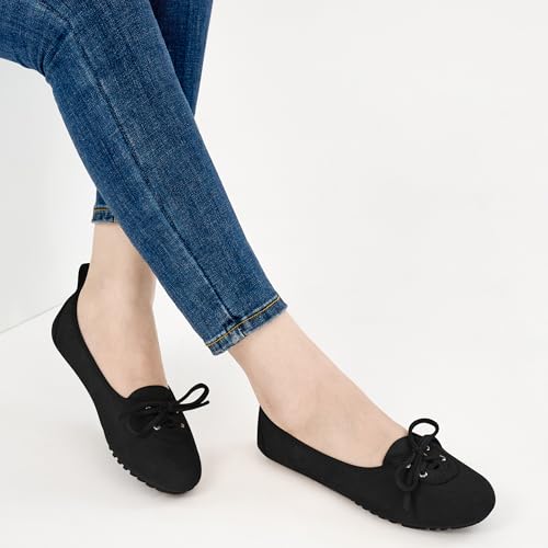 Image of Ecetana Flats for Women Dressy Shoes Round Toe Comfortable Faux Suede Slip On Foldable Ballet Flats for Casual Work