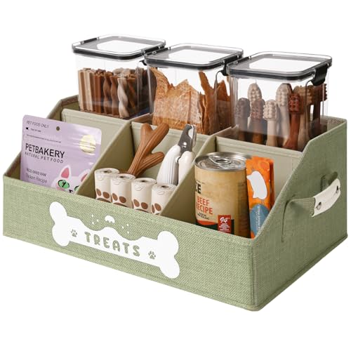 Dog Treat Container Dogs Storage Organizer with Removable Dividers Collapsible Dogs Treat Holder for Countertop Trapezoid Pet Treats Containers Dog Toy Basket with PU Handles Medium Green