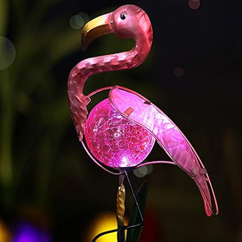 Bright Zeal 14" Tall Metal Pink Flamingo Garden Decor Solar Lights - LED Solar Stake Lights Garden Decorations - Solar Flamingo Lights Outdoor Decorative Stake - Solar Pink Flamingo Yard Ornaments Cover