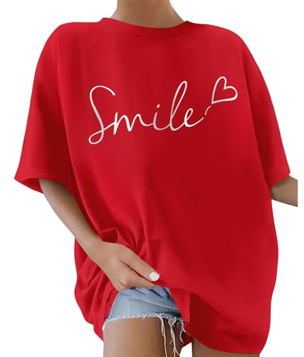 Image of Lonya Women's T-Shirts Round Neck Y2k 90s Oversized T Shirts for Women Ladies Short Sleeve Graphic Print Summer Baggy Plus Size Casual Cotton Tee Tops,Red,XXL