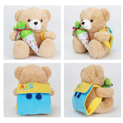 Aurasky Teddy Kuscheltier Einschulung, Teddy Plüschbär Schulanfang Geschenke, Teddy Bear mit Schultüte und Schultüten zum Befüllen, Plüschteddy für Einschulung Geschenk Jungen Mädchen 28cm