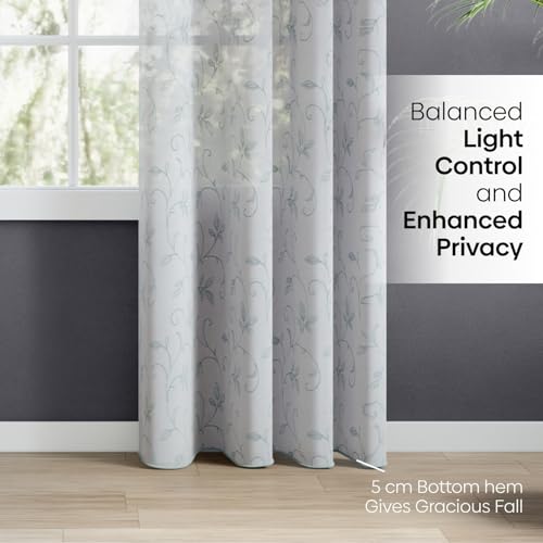 Image of haus & kinder Curtains 7 feet Long | Embroidery Sheer Curtains 7 Feet Long Pack of 1 | Door Curtains 7 feet Light-Filtering & Breathable Sheer Curtains (Willow Trail Sea Foam, 114x213cm)