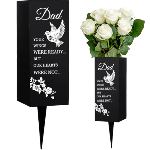 WEBEEDY Dad Cemetery Vases Metal Memorial Vases for Graves with Spikes Dove Flowers Branch Black Grave Flower Holders Cemetery Memory Sign Memorial Decorations for Loss of Father Funeral, 1 Pc, 8x20cm