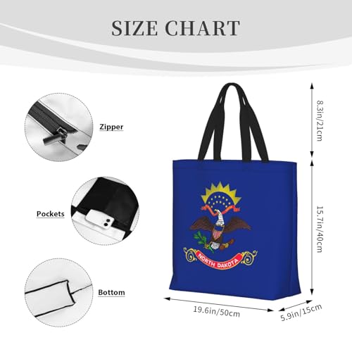 North Dakota State Flag Print Tote Bags, Large Capacity Zipper Shoulder Bag, For Shopping, Work, Daily4