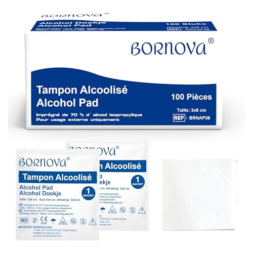 100 PCS – alchl. wipes pre injection pads 3x6 cm – Individually wrapped prep pads with 70% isopro. alc. – wipes for skin preparation before injec., tattoo & piercing, travel object cleaning – BORNOVA