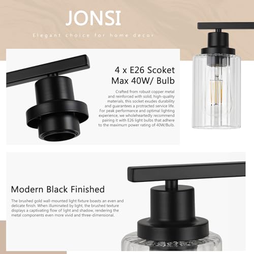 Image of Jonsi Modern Black Bathroom Light Fixtures, 4-Light Modern Black Vanity Light, Bathroom Vanity Light with Stripe Glass Shade, E26 Wall Sconces Over Mirror for Bathroom, Living Room, Hallway