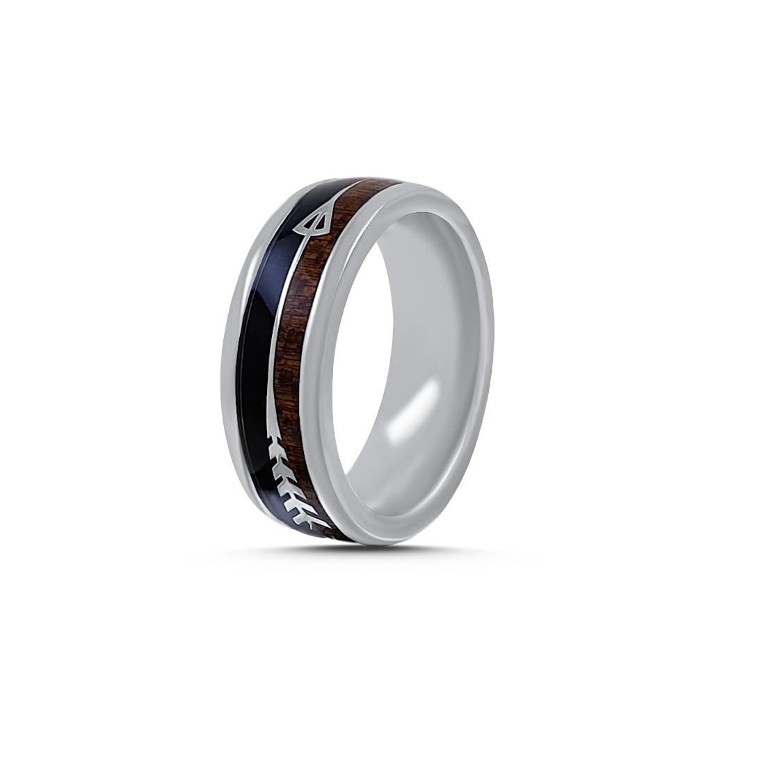 Fashionable $ilver Arrow Ring with Black Wood and Ironwood Burl in a Titanium Wedding Band Ring Armor Included-image-14