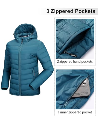 Outdoor Ventures Damen Steppjacke Leichte Packbare Übergangsjacke Warme Winterjacke mit Kapuze für Frauen Gefüttert Pufferjacke mit Taschen für Freizeit Wandern Reisen Keramik Blau 3XL