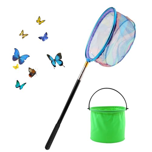 SJUNJIE Cazamariposas Acero Inoxidable Red Pesca Niños Retráctil de Red de Pesca Longitud TelescóPica 66-173cm con 1 Cubo Plegable para Actividades de Jardín Al Aire Libre