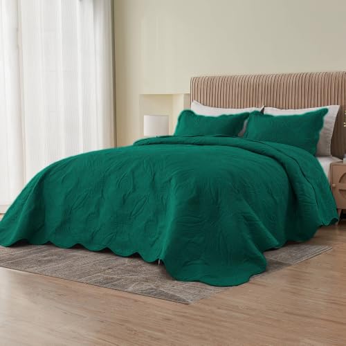 Image of Kingnex Oversized King Bedspreads 128x120 for Extra Wide Tall King or Cal King Bed Ultrasonic Quilted Coverlet Set 3 Piece Include 1 Quilt 2 Pillowcases Rain Forest Green