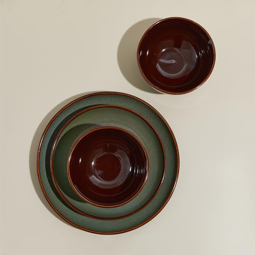 Image of 32 Piece Double Bowl Dinnerware Sets with Pasta Bowls, Highly Chip and Crack Resistant Plates and Bowls Sets, Natural Earthyware Ceramic Dishware Sets, Service for 8 Sage Green