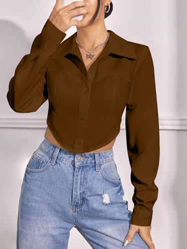 Image of GRECIILOOKS Women`s Oversized Fit Crop Top Shirt | Casual Long Sleev Stylish Collared Shirts for Womens | Comfortable Rich Korean Button Down | Formal Look Stylish Trendy Shirts