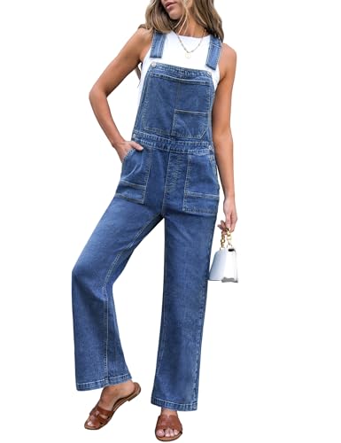 luvamia Jean Overalls for Women Straight Wide Leg Jumpsuits for Women Loose Fit Baggy Stretchy Denim Adjustable Strap Casual Overalls Jumpsuit Medium Blue Size Large US Size 12-14