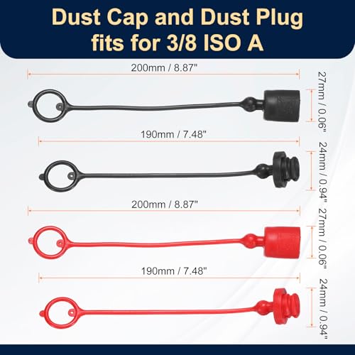 Image of HARFINGTON 2Sets 3 /8 Hydraulic Hose Dust Cap and Plug Kit, ISO-A Male Dust Cap & Female Plug Cover Quick Disconnects Air Coupler Cover Port Plug Fittings with Retention Ring, Red /Black
