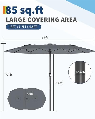 13FT umbrella outdoor patio,Double-Sided Rectangle Umbrella Oversized Shade for 2-6 People, Fade Resistant Canopy for Deck Pool Garden Backyard(Grey, 13FT)