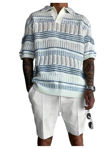GORGLITTER Men's Striped Short Sleeve Open Knit Sweater Hollow Out Collar Top Knitwear Tops