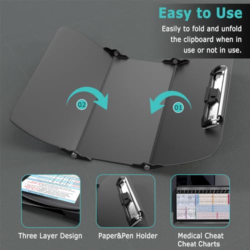 Image of Nursing Clipboard Foldable, Foldable Clip Board w /Nursing Edition Cheat Charts, 3 Layers Aluminum, Nurse Clipboards w /Low Profile Clip & Pen Clip Pocket for Students, Nurses and Doctors, Black